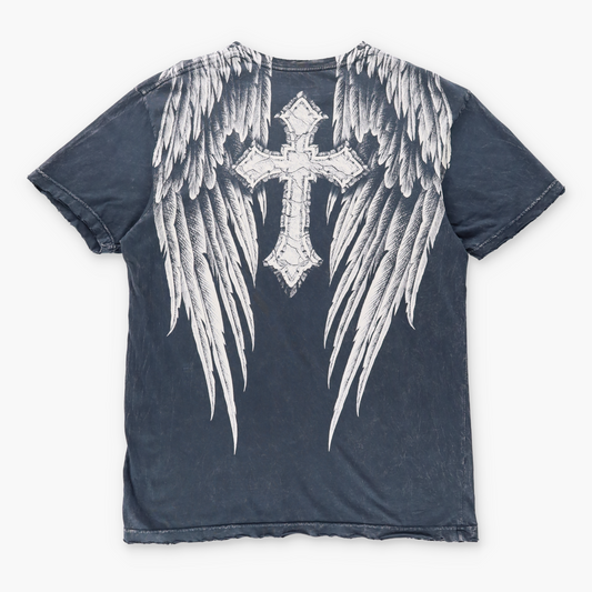 Vintage AFFLICTION Y2K Distressed Skull Dagger Eyes Cross Wing USA Made T-Shirt (XL) Vintage Sole Melbourne