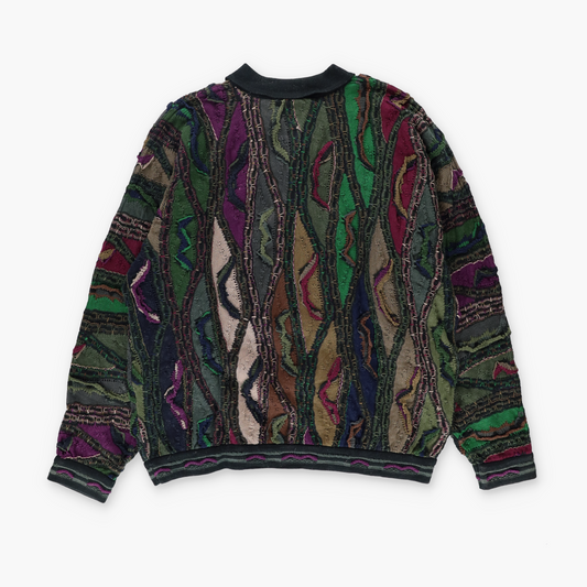 COOGI AUSTRALIA Green Multicoloured 1/4 Button Collared 3D Knit Sweater (L)