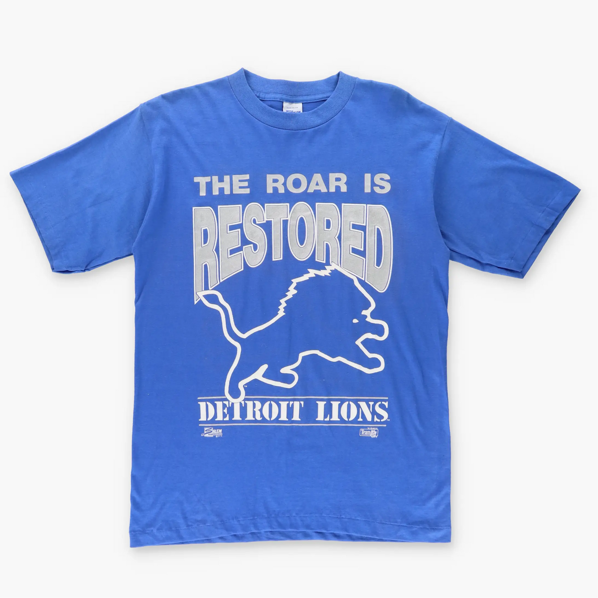 1992 DETROIT LIONS 'The Roar Is Restored' NFL USA Made Blue T-Shirt (M-L) - Vintage Sole Melbourne