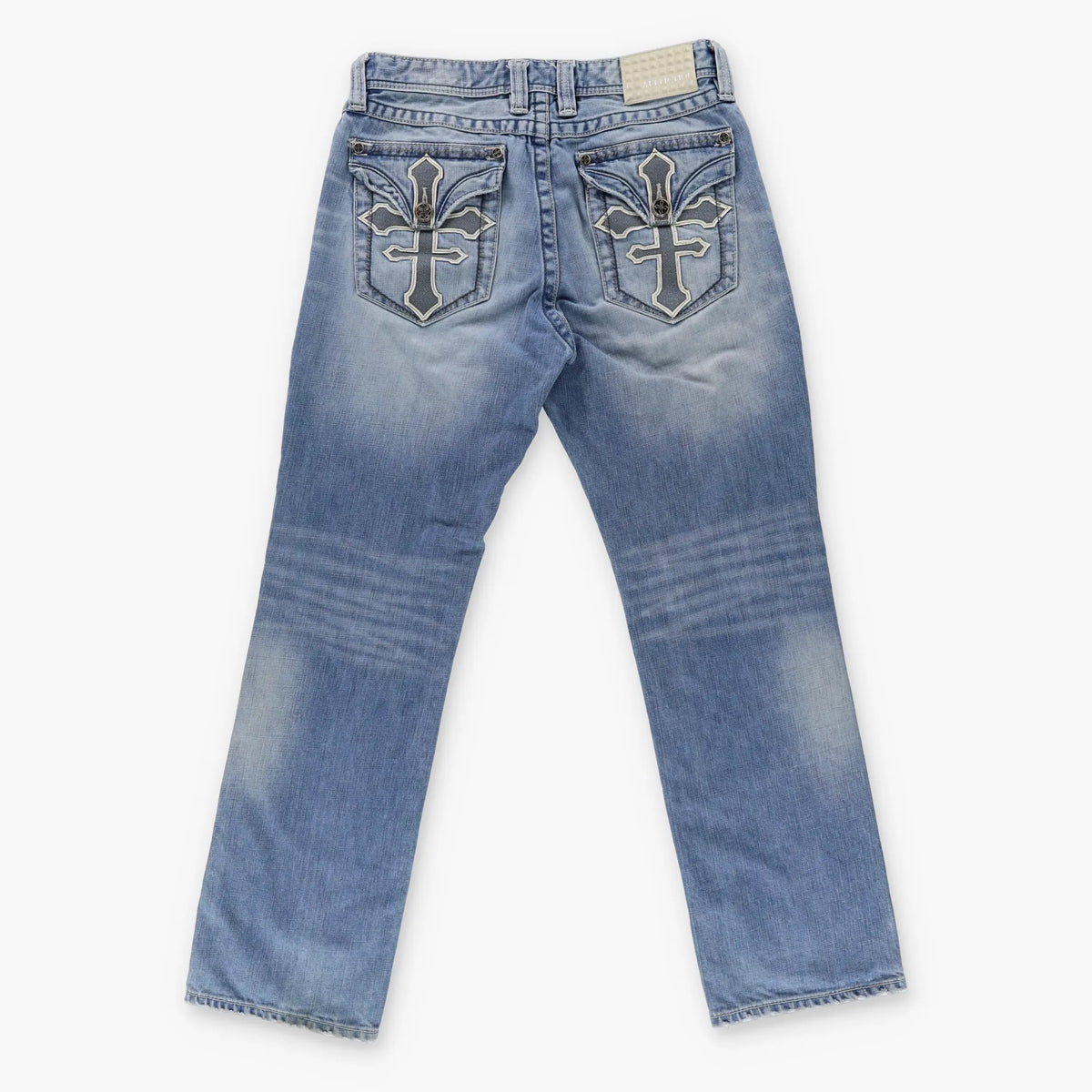 AFFLICTION Y2K Cross Back Pocket 'Regular' Fit Light Wash Denim Jeans (32) Vintage Sole Melbourne