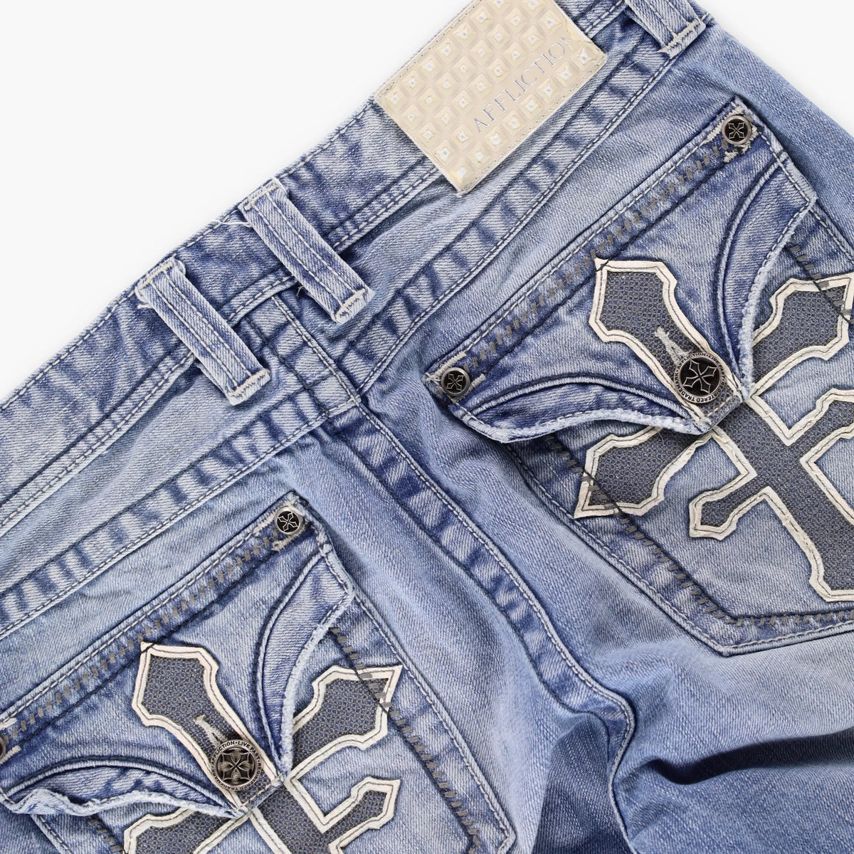 AFFLICTION Y2K Cross Back Pocket 'Regular' Fit Light Wash Denim Jeans (32) Vintage Sole Melbourne