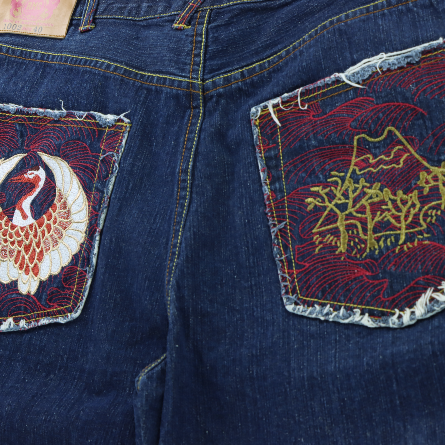RED MONKEY Embroidered Pocket Japanese Bird Red & Blue Denim Jeans (40)