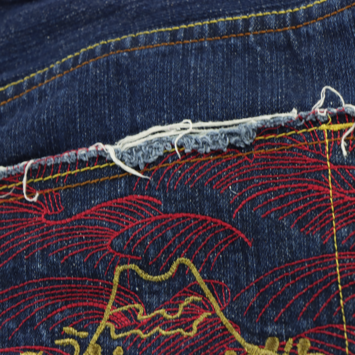 RED MONKEY Embroidered Pocket Japanese Bird Red & Blue Denim Jeans (40)