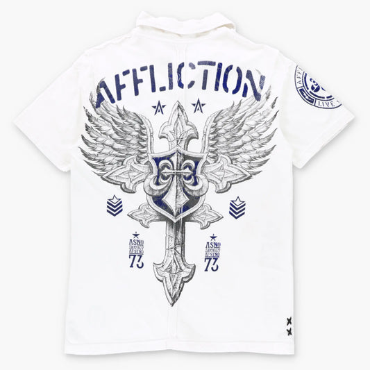 Vintage AFFLICITON Velvet Detail Y2K Cross White & Blue USA Made Polo Shirt (M-L TALL) ***COCO Vintage Sole Melbourne