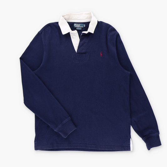 RALPH LAUREN POLO Custom Fit Navy & Maroon Embroidered Logo Rugby Jumper (M)