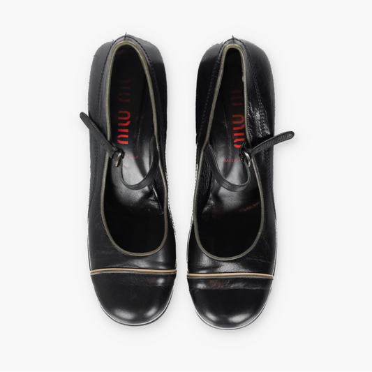 MIU MIU Black Genuine Leather Mary Jane Low Wedge (38.5)