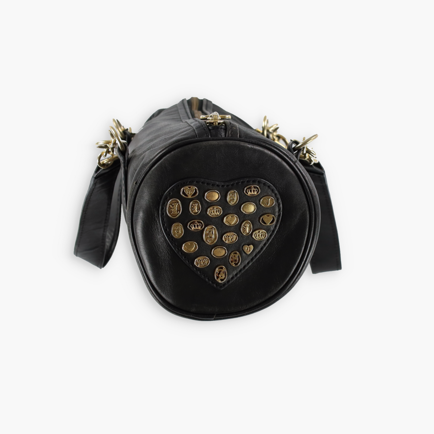 JUICY COUTURE Gold Charm Embellished Black Leather Barrel Bag