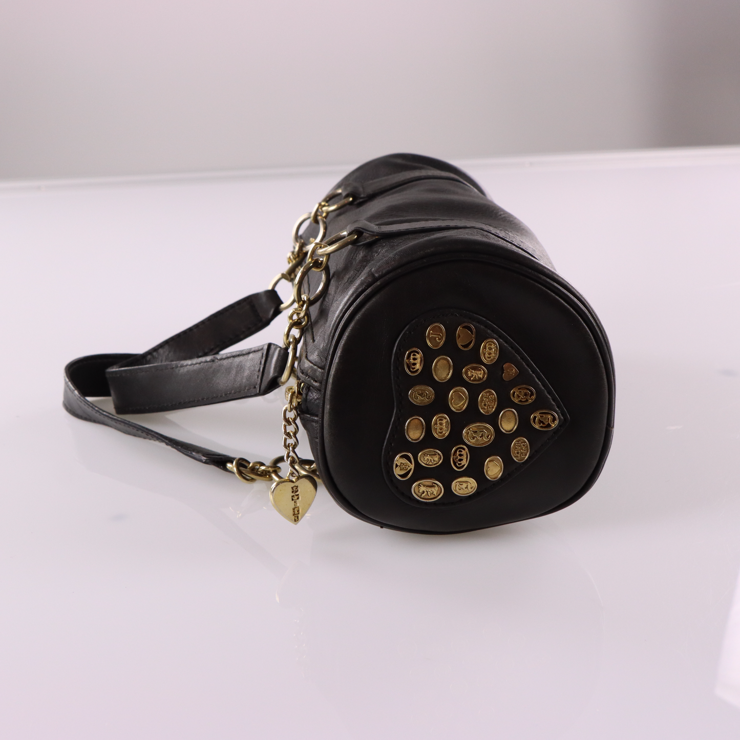 JUICY COUTURE Gold Charm Embellished Black Leather Barrel Bag