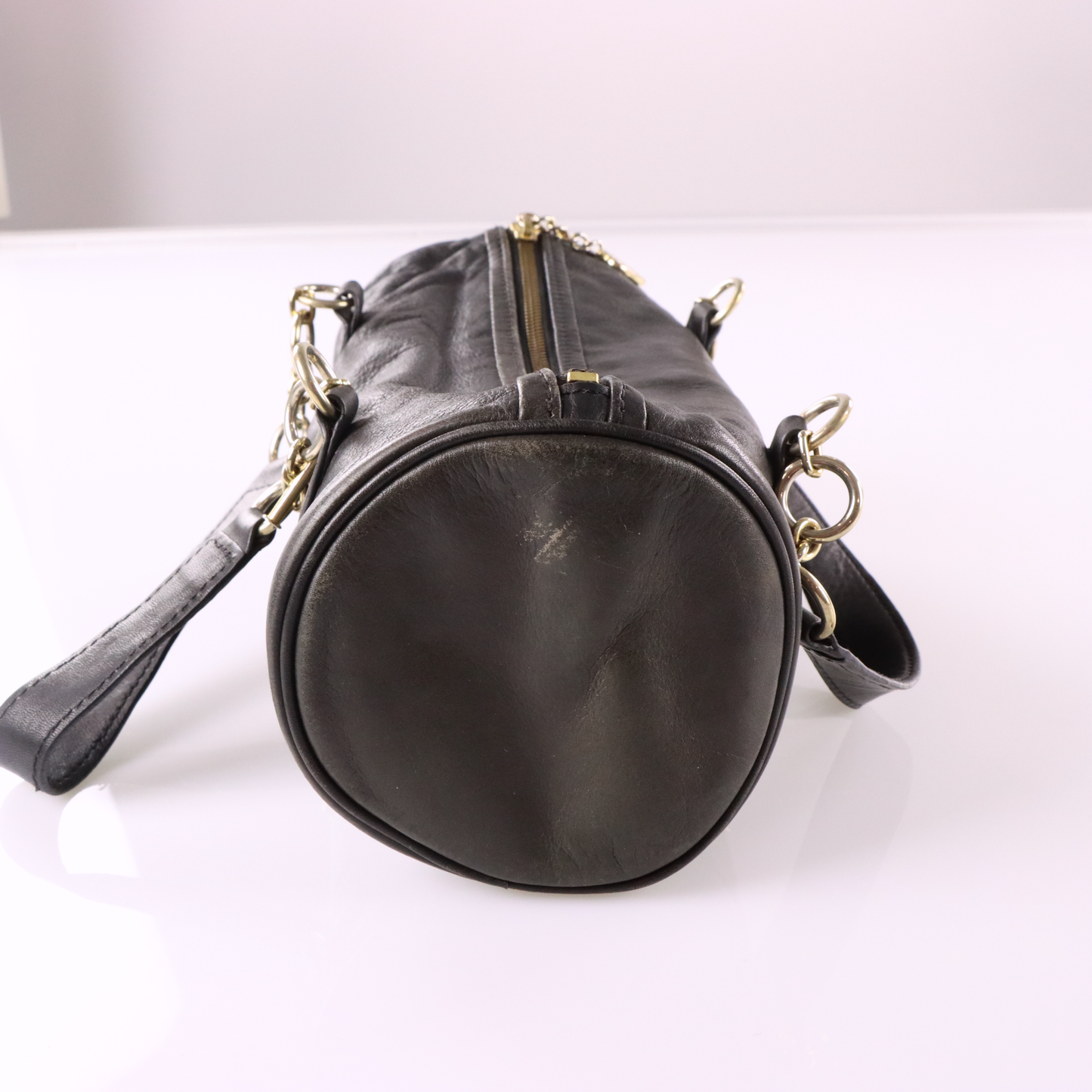 JUICY COUTURE Gold Charm Embellished Black Leather Barrel Bag