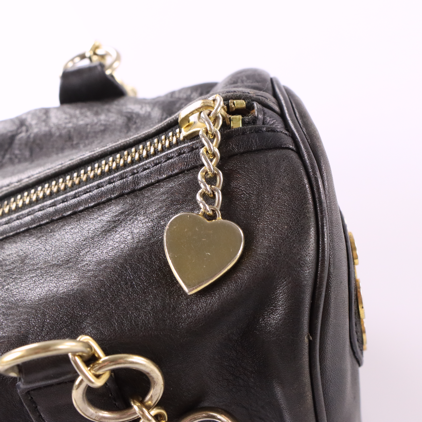 JUICY COUTURE Gold Charm Embellished Black Leather Barrel Bag