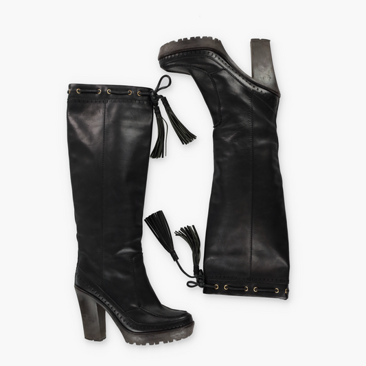 YVES SAINT LAURENT Italian Made Black Tassel Low Heel Boots (9.5)