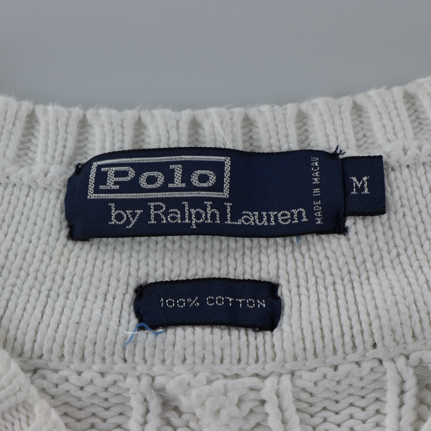 RALPH LAUREN POLO White Cable Knit Embroidered Logo Yellow & Navy V-Neck Cricket Jumper (M)