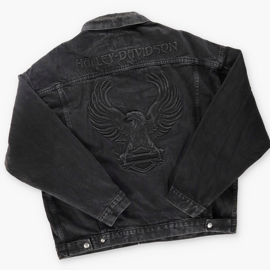 HARLEY DAVIDSON 3D Eagle Embossed Black USA Made Denim Jacket (XL)