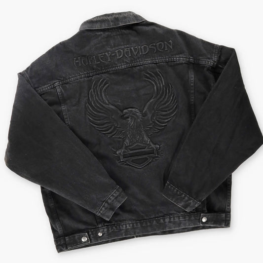 HARLEY DAVIDSON 3D Eagle Embossed Black USA Made Denim Jacket (XL) Vintage Sole Melbourne