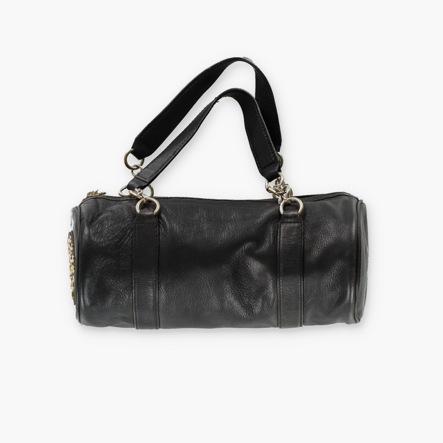JUICY COUTURE Gold Charm Embellished Black Leather Barrel Bag