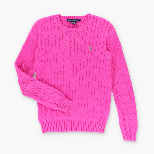RALPH LAUREN SPORT Embroidered Logo Hot Pink & Green Cable Knit Sweater (M)