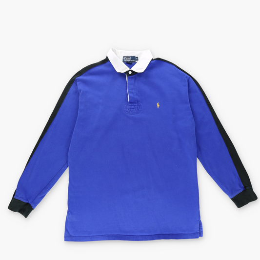 RALPH LAUREN POLO Royal Blue Striped Sleeve Rugby Jumper (XL)