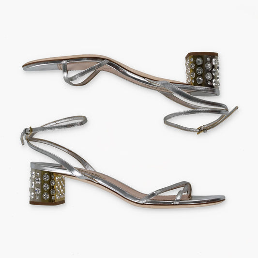 MIU MIU Metallic Silver & Gold Embellished Strappy Block Heel Sandals Italian Made (38.5) - Vintage Sole Melbourne