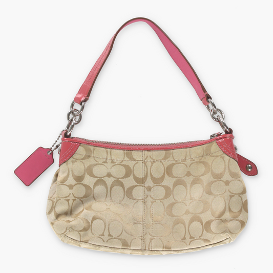 COACH Peach Pink & Beige Monogram Canvas Flower Applique Shoulder Bag
