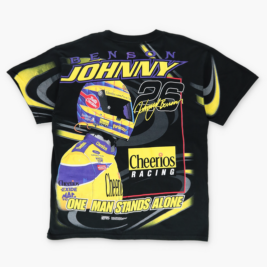 1999 JOHNNY BENSON Vintage NASCAR 'In The End...' Cheerios All Over Print Black Tee (L)