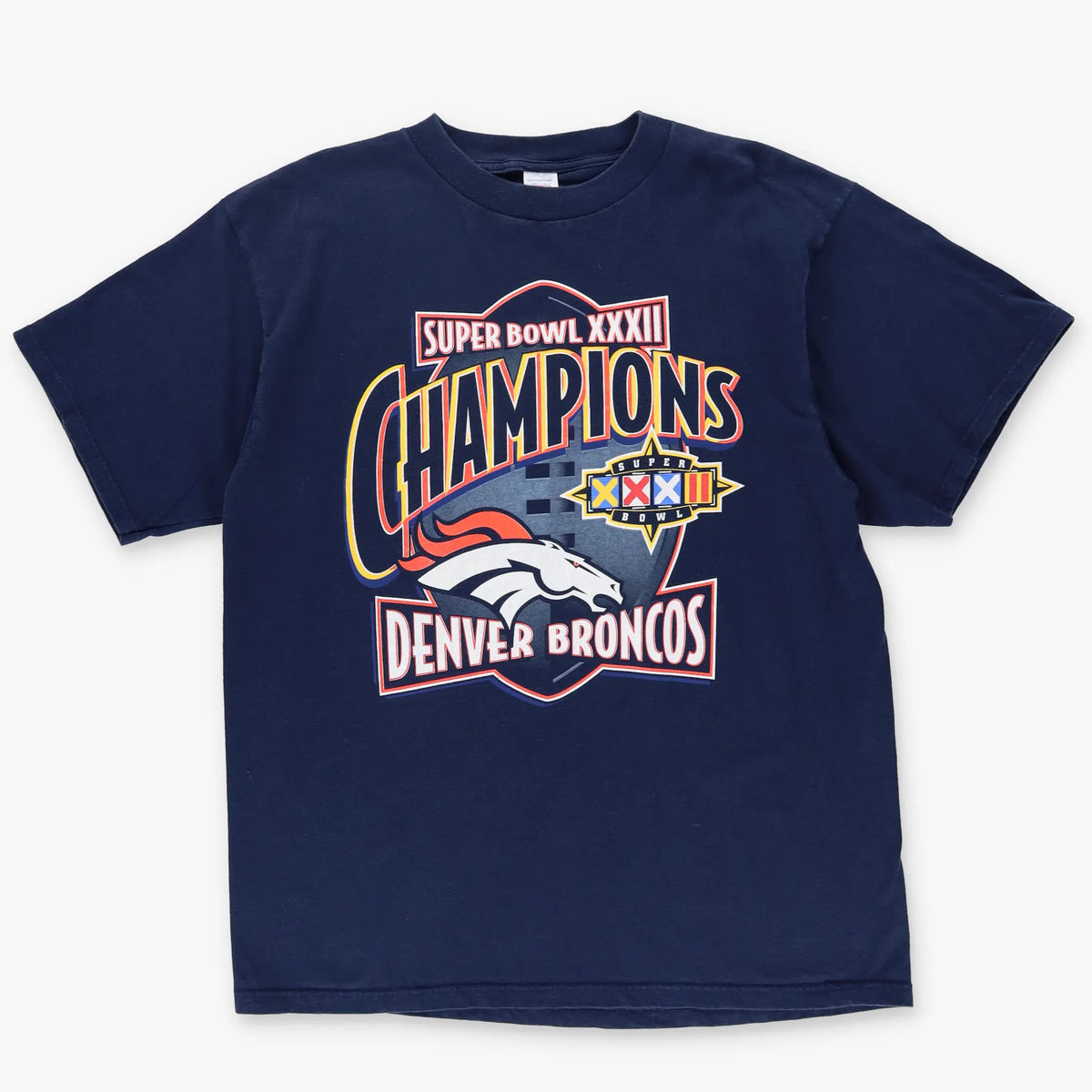DENVER BRONCOS Super Bowl XXXII Navy USA Made Football Tee (XL) Vintage Sole Melbourne