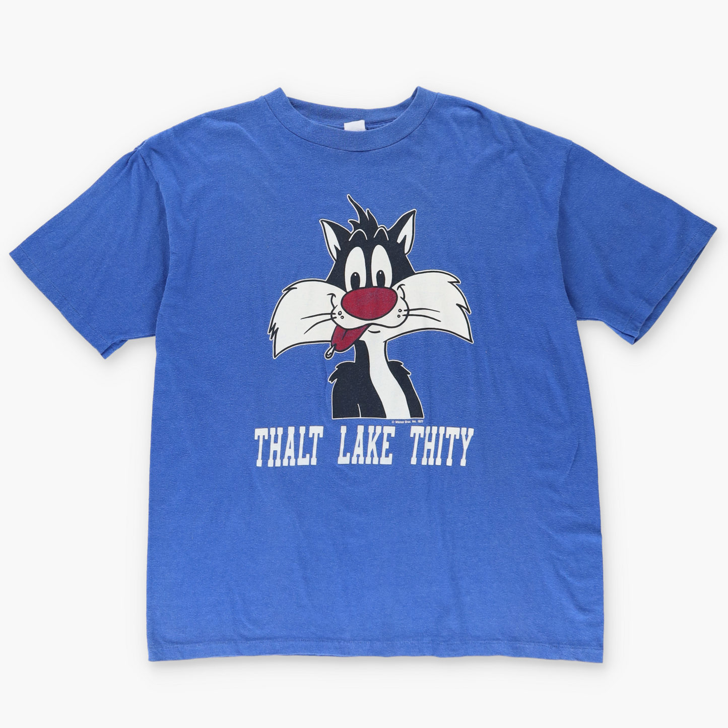 1977 SYLVESTER Cartoon 'Thalt Lake Thity' Lisp Blue 50/50 Single Stitch Tee (L-XL)