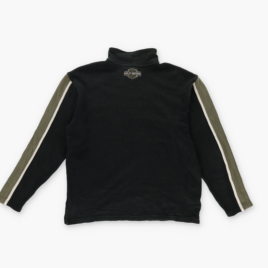 HARLEY DAVIDSON Embroidered Spell Out Logo Striped Sleeve 1/4 Zip Knit Sweater (M)