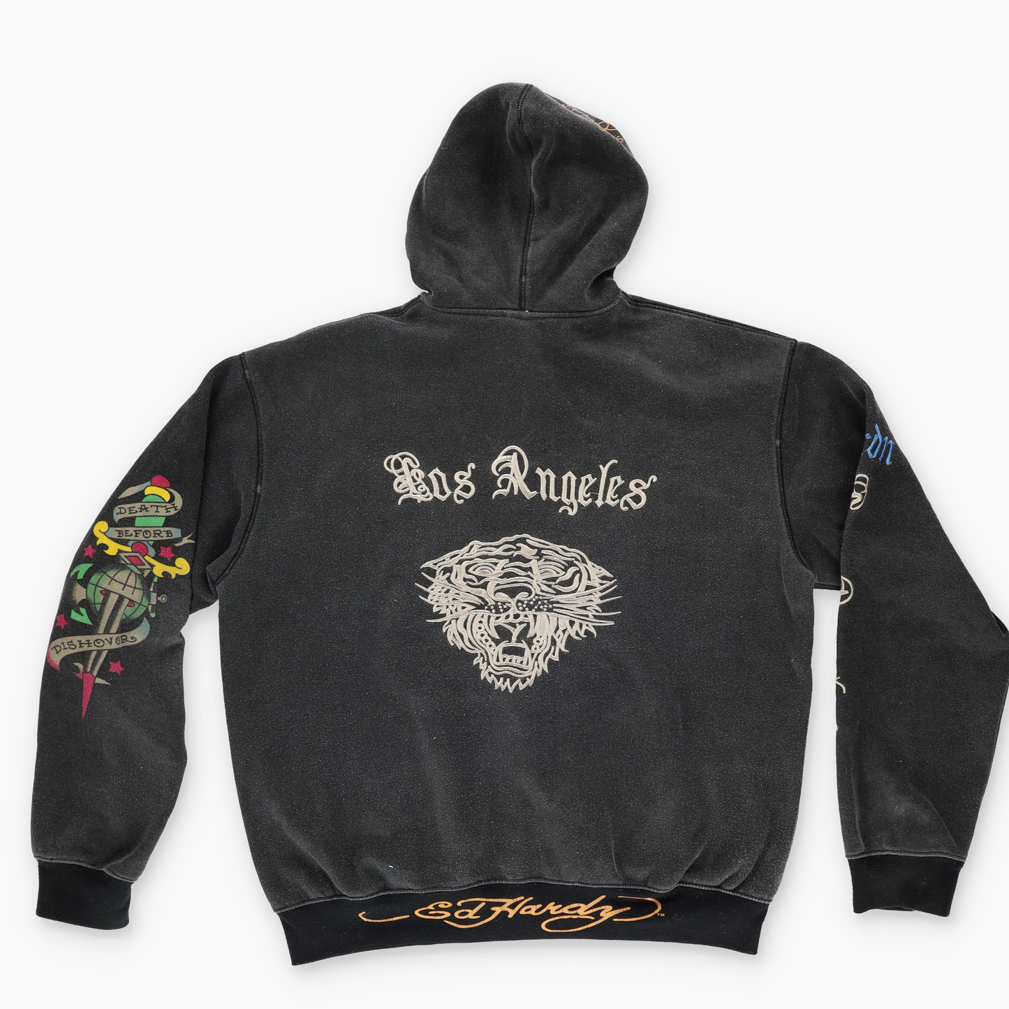 ED HARDY 'USA Made' Y2K Embroidered Graphics Grey Zip-Up Hooded Sweatshirt (XL)