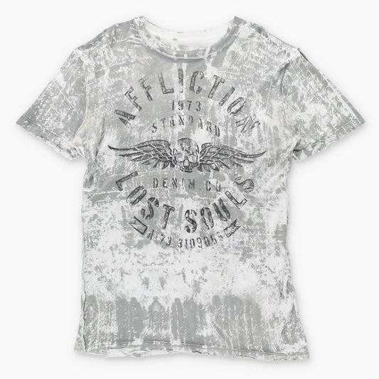 AFFLICTION Velvet Spell Out Logo 'Lost Souls' Reversible USA Made Grey & White Vintage Y2K T-Shirt (L TALL)