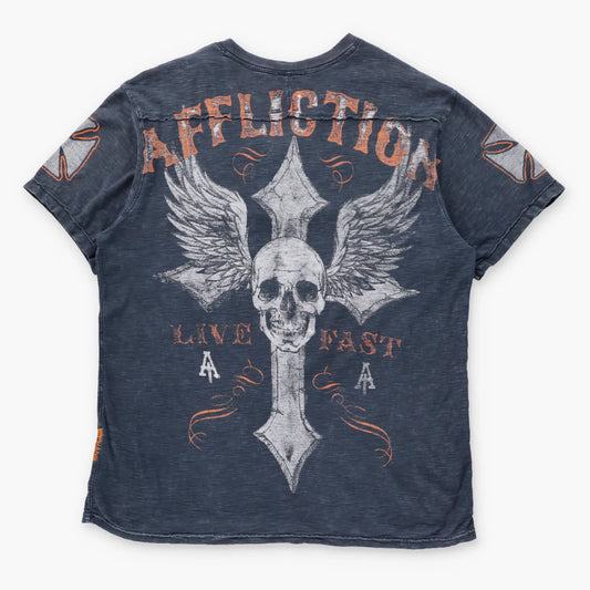 Vintage AFFLICTION 'American Customs' 1/4 Button Winged Skull Cross Y2K T-Shirt USA Made (XL)