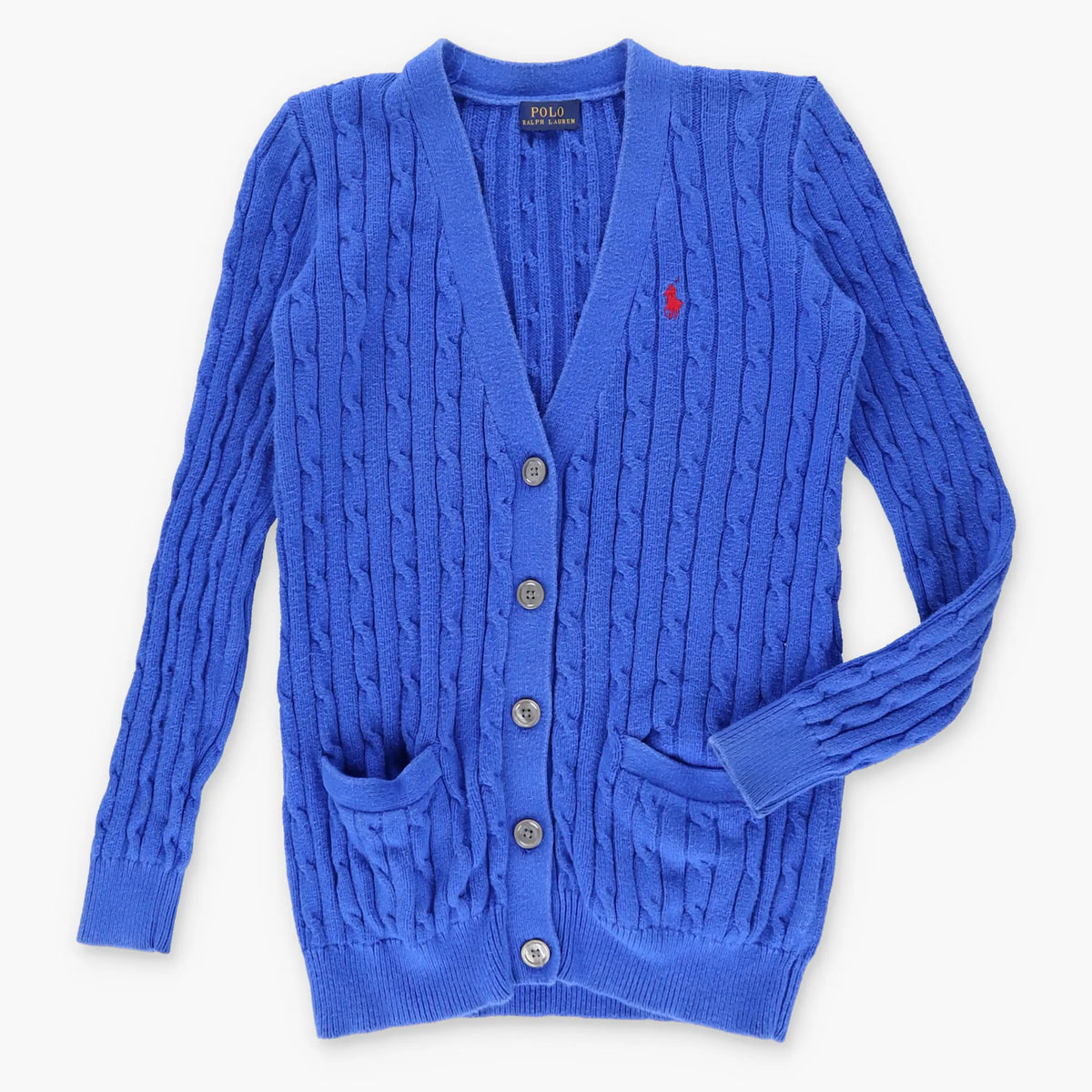 POLO RALPH LAUREN Embroidered Logo Blue & Red Cable Knit Cardigan (S-M) - Vintage Sole Melbourne
