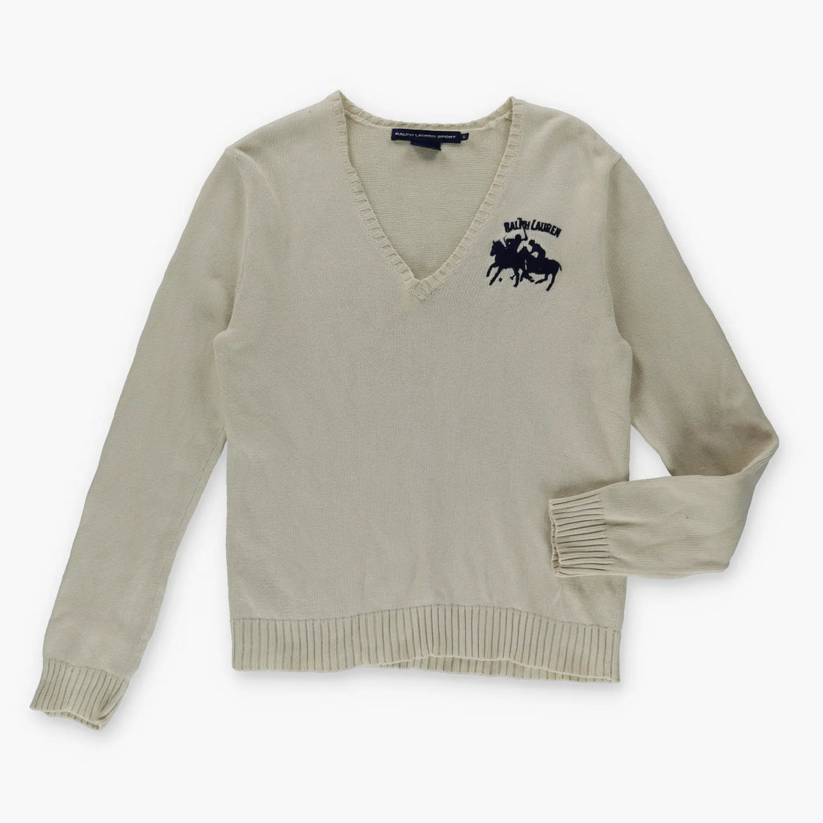 RALPH LAUREN SPORT Embroidered Big Logo Beige & Navy Knit Sweater (S) - Vintage Sole Melbourne