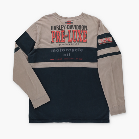 HARLEY DAVIDSON "Pre-Lux Motorcycle Oil' Taupe & Black Double Sided Long Sleeve T-Shirt (L)