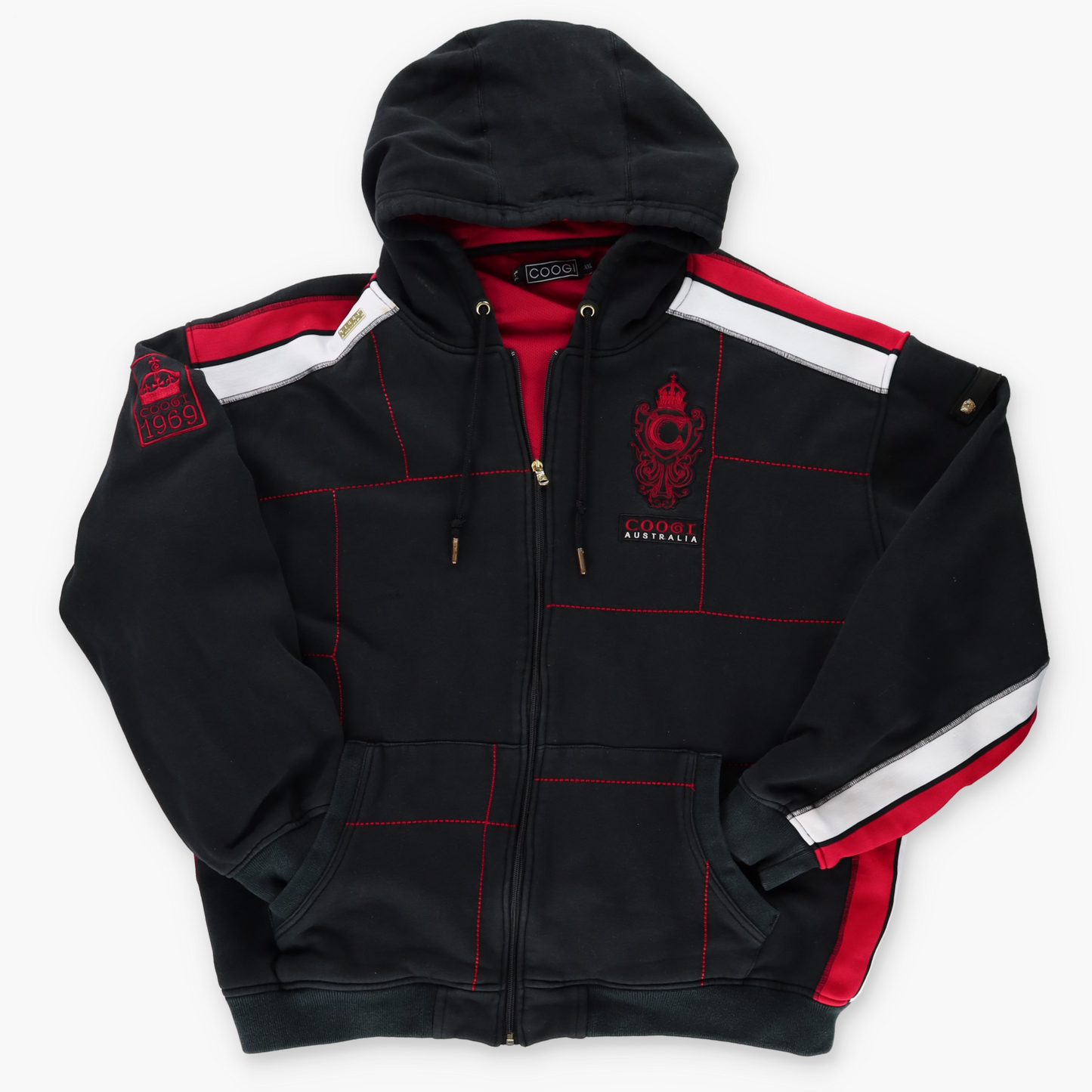 1969 COOGI Y2K Black & Red Gold Detailed Hoodie Sweatshirt (XXL)