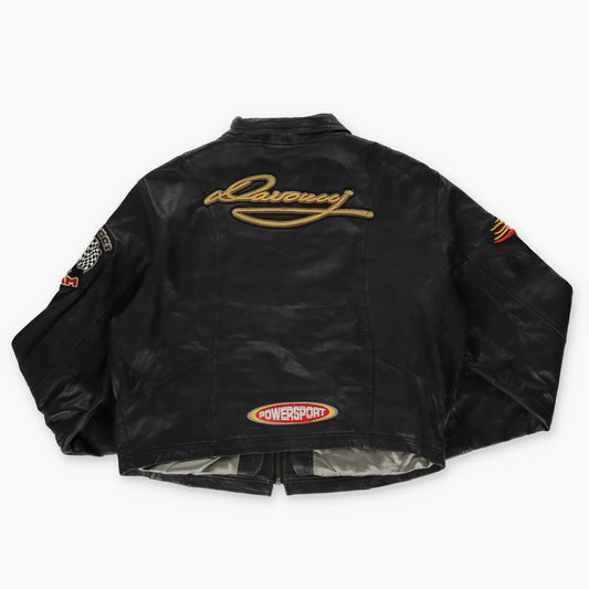 DAVOUCCI Cropped 'Off Road Race' Embroidered Flame Black Leather Motorcycle Jacket (S) Vintage Sole Melbourne