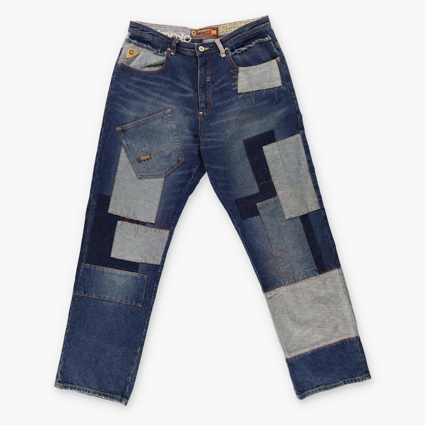 AKADEMIKS Coloured Stitching Patchwork Logo Blue Jeans (36)
