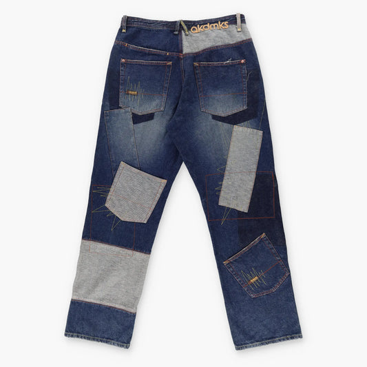 AKADEMIKS Coloured Stitching Patchwork Logo Blue Jeans (36) Vintage Sole Melbourne