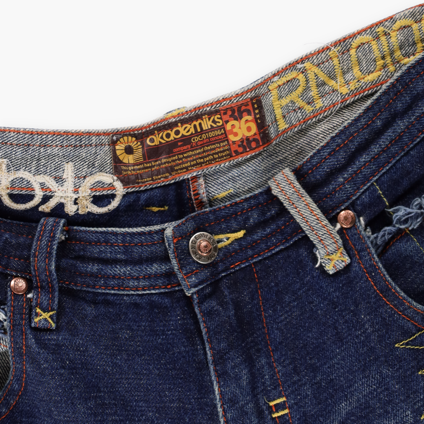 AKADEMIKS Coloured Stitching Patchwork Logo Blue Jeans (36)