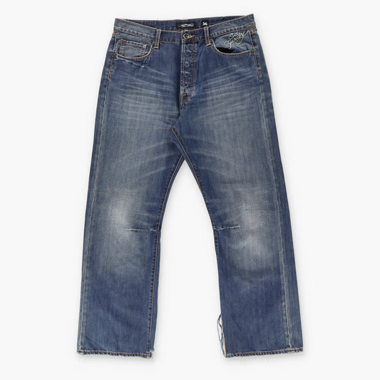 ED HARDY Y2K Embellished Embroidered Heart Paint Spell Out Blue Jeans (36) Vintage Sole Melbourne