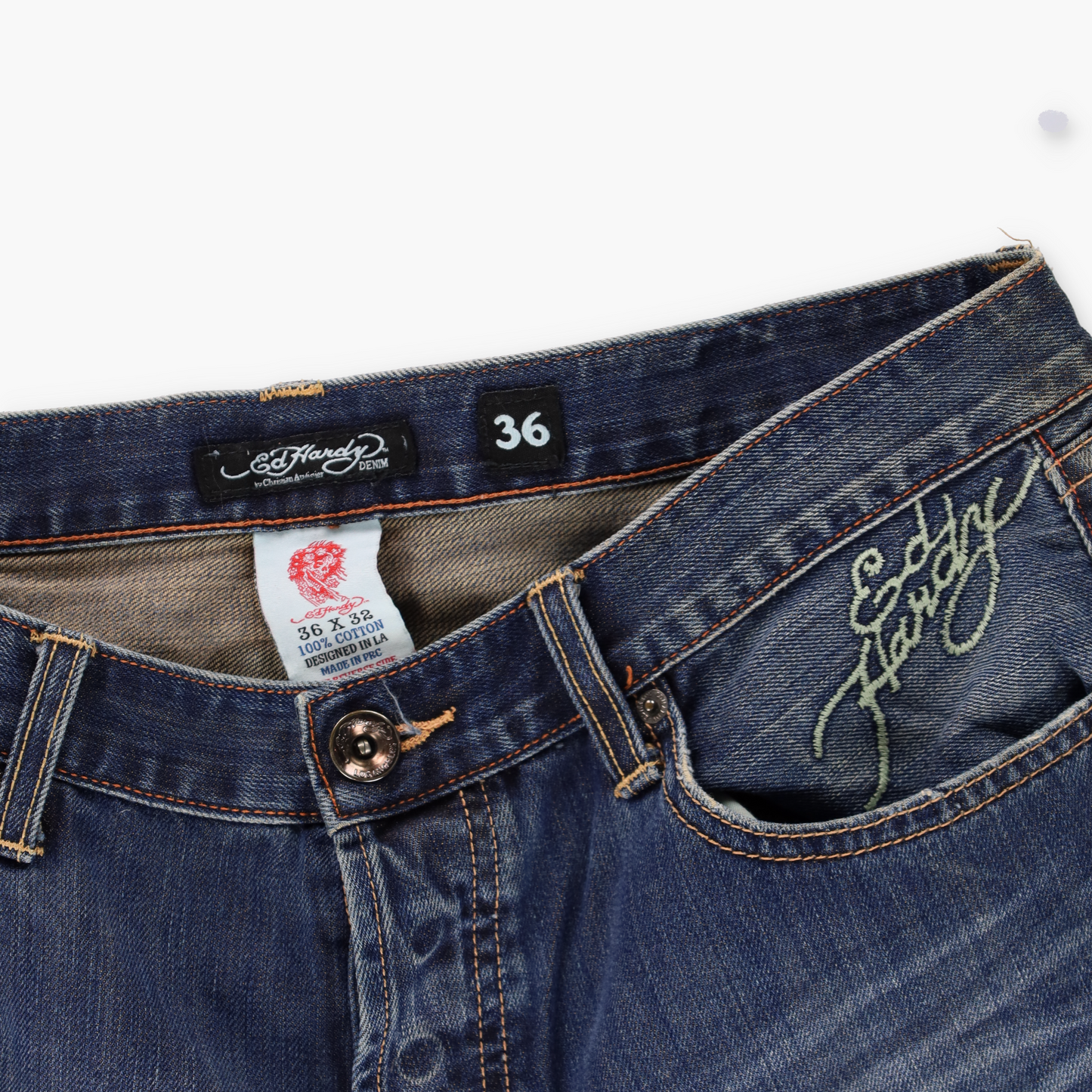 ED HARDY Y2K Embellished Embroidered Heart Paint Spell Out Blue Jeans (36)