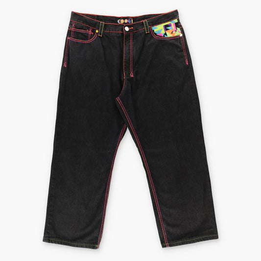 COOGI Y2K Fluro Stitch Embroidered Spell Out Logo Black Jeans (42/35) Vintage Sole Melbourne