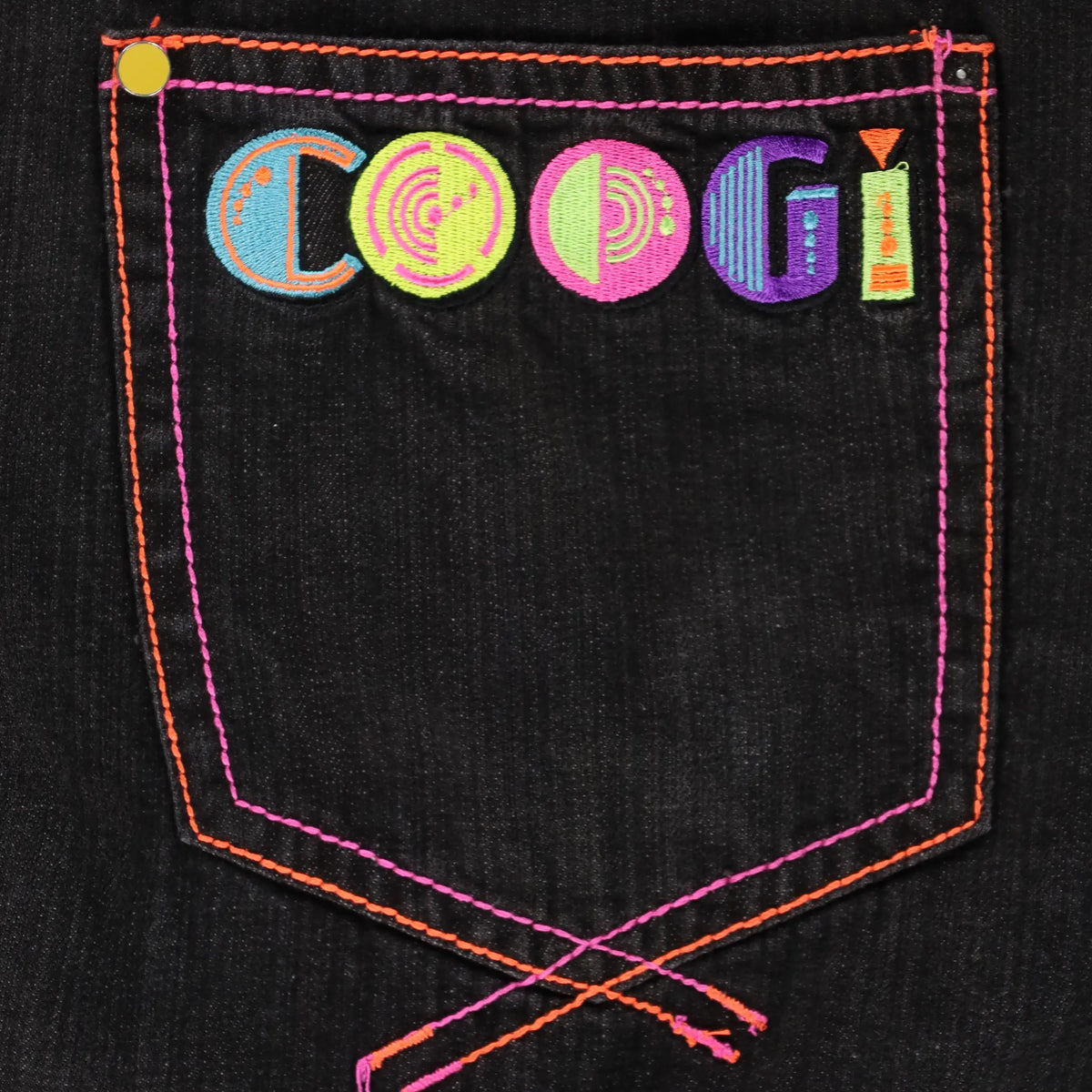 COOGI Y2K Fluro Stitch Embroidered Spell Out Logo Black Jeans (42/35) Vintage Sole Melbourne