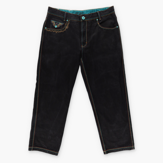 AL WISSAM Floral Embroidered Pockets Colourful Stitching Blue & Black Jeans (40)