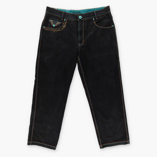 AL WISSAM Floral Embroidered Pockets Colourful Stitching Blue & Black Jeans (40) Vintage Sole Melbourne