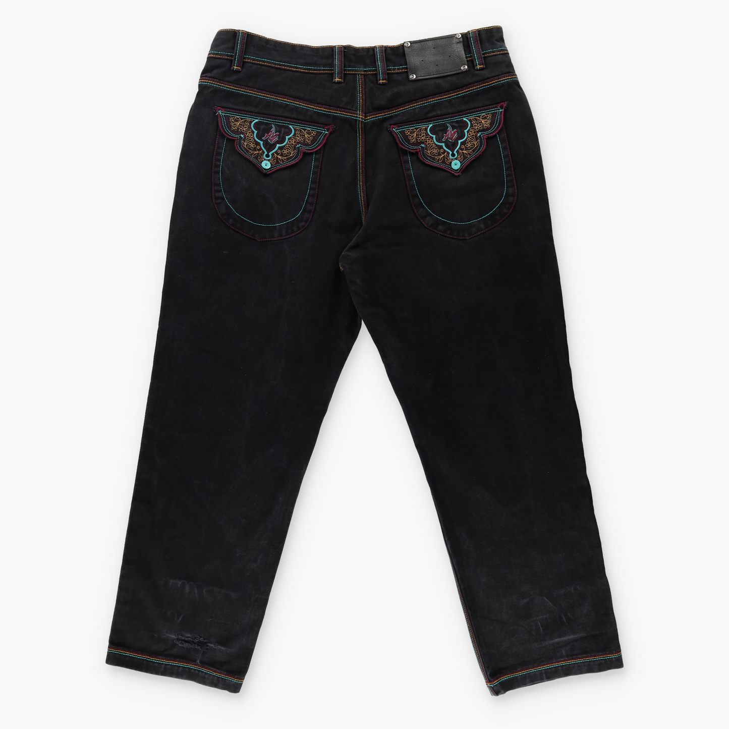 AL WISSAM Floral Embroidered Pockets Colourful Stitching Blue & Black Jeans (40)