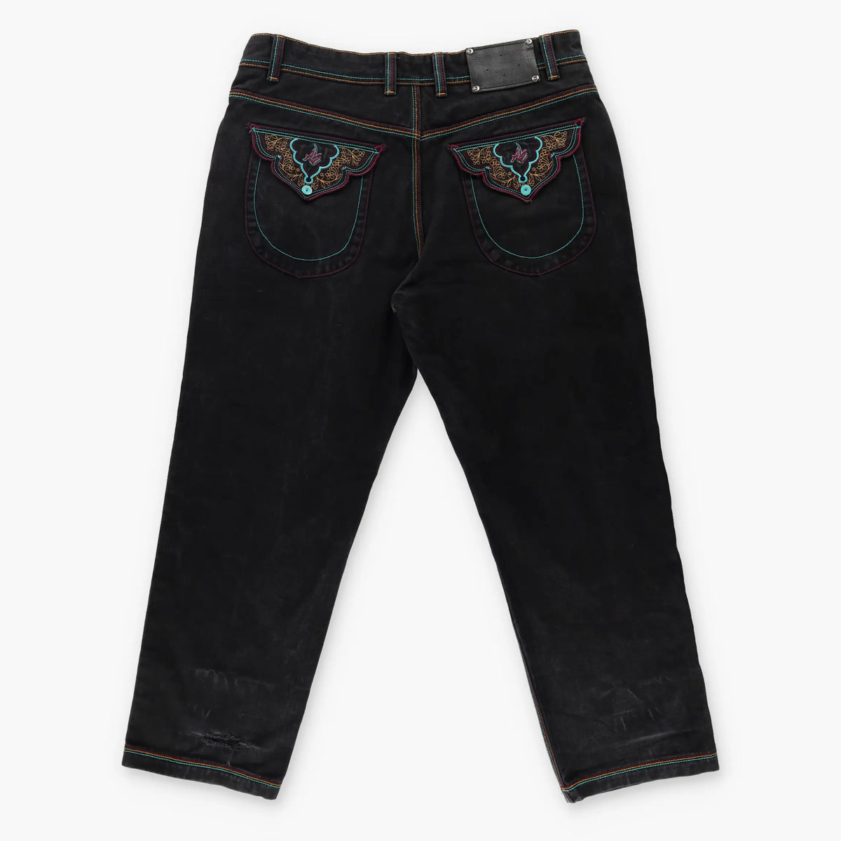 AL WISSAM Floral Embroidered Pockets Colourful Stitching Blue & Black Jeans (40) Vintage Sole Melbourne