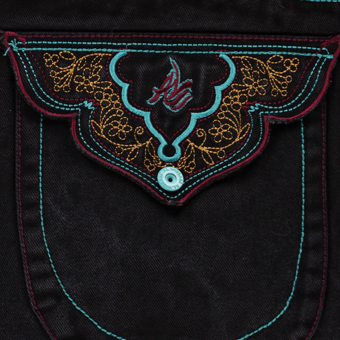 AL WISSAM Floral Embroidered Pockets Colourful Stitching Blue & Black Jeans (40)