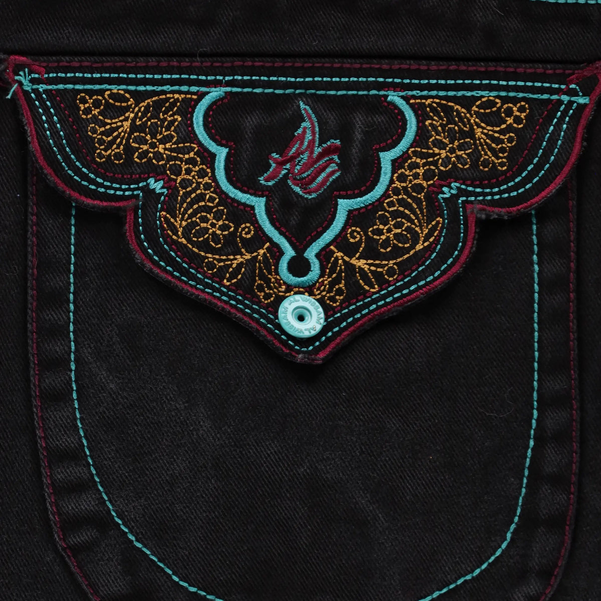 AL WISSAM Floral Embroidered Pockets Colourful Stitching Blue & Black Jeans (40) Vintage Sole Melbourne