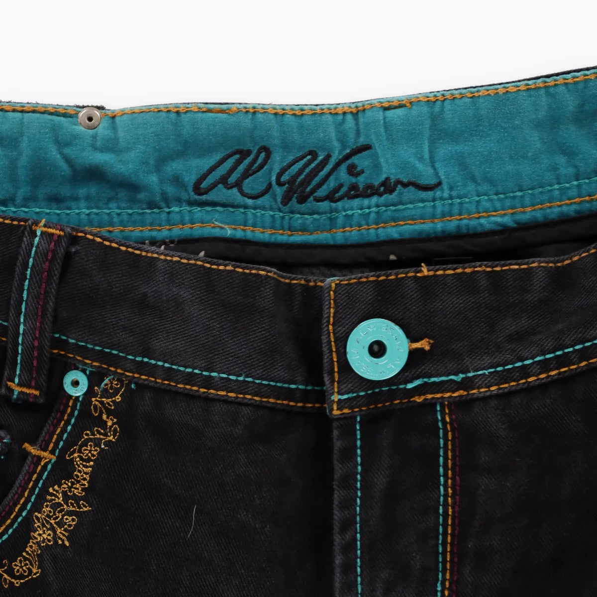 AL WISSAM Floral Embroidered Pockets Colourful Stitching Blue & Black Jeans (40) Vintage Sole Melbourne