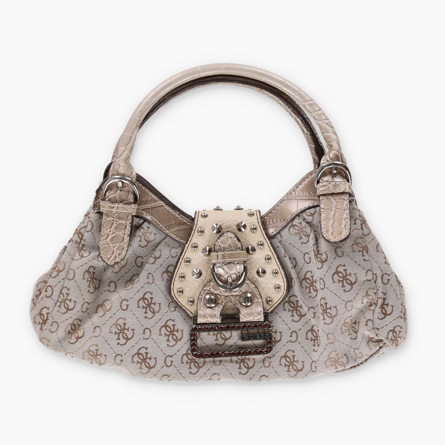 GUESS Vintage Y2K Beige and Silver Studded Diamante 'G' Mini Bag